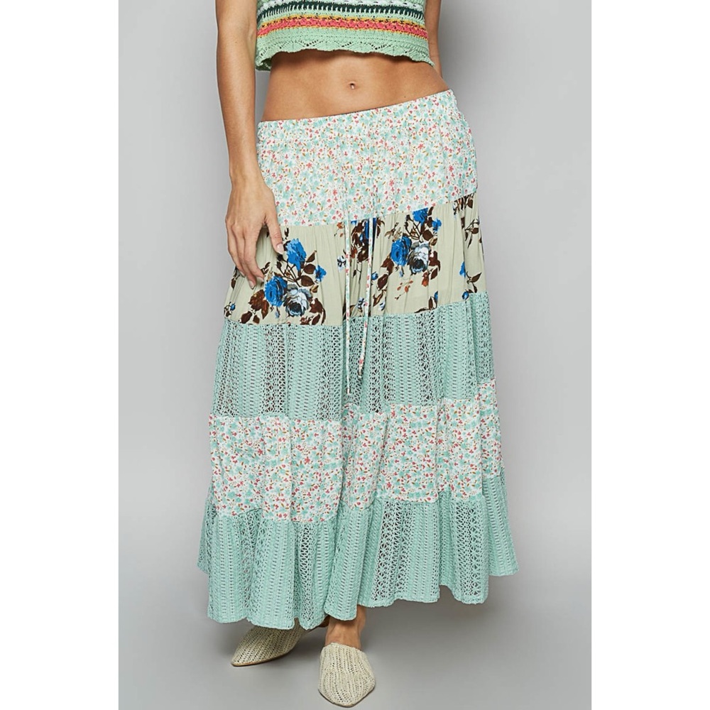 POL Sage Floral Patchwork Crochet Lace Tiered Maxi Skirt Elastic Waist